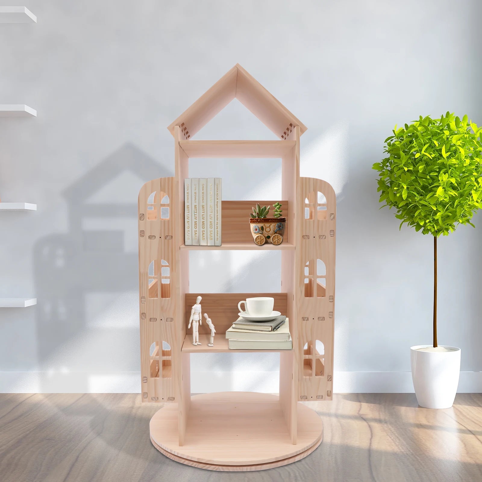 Bibliothèque rotative en bois pour enfant en forme de maison