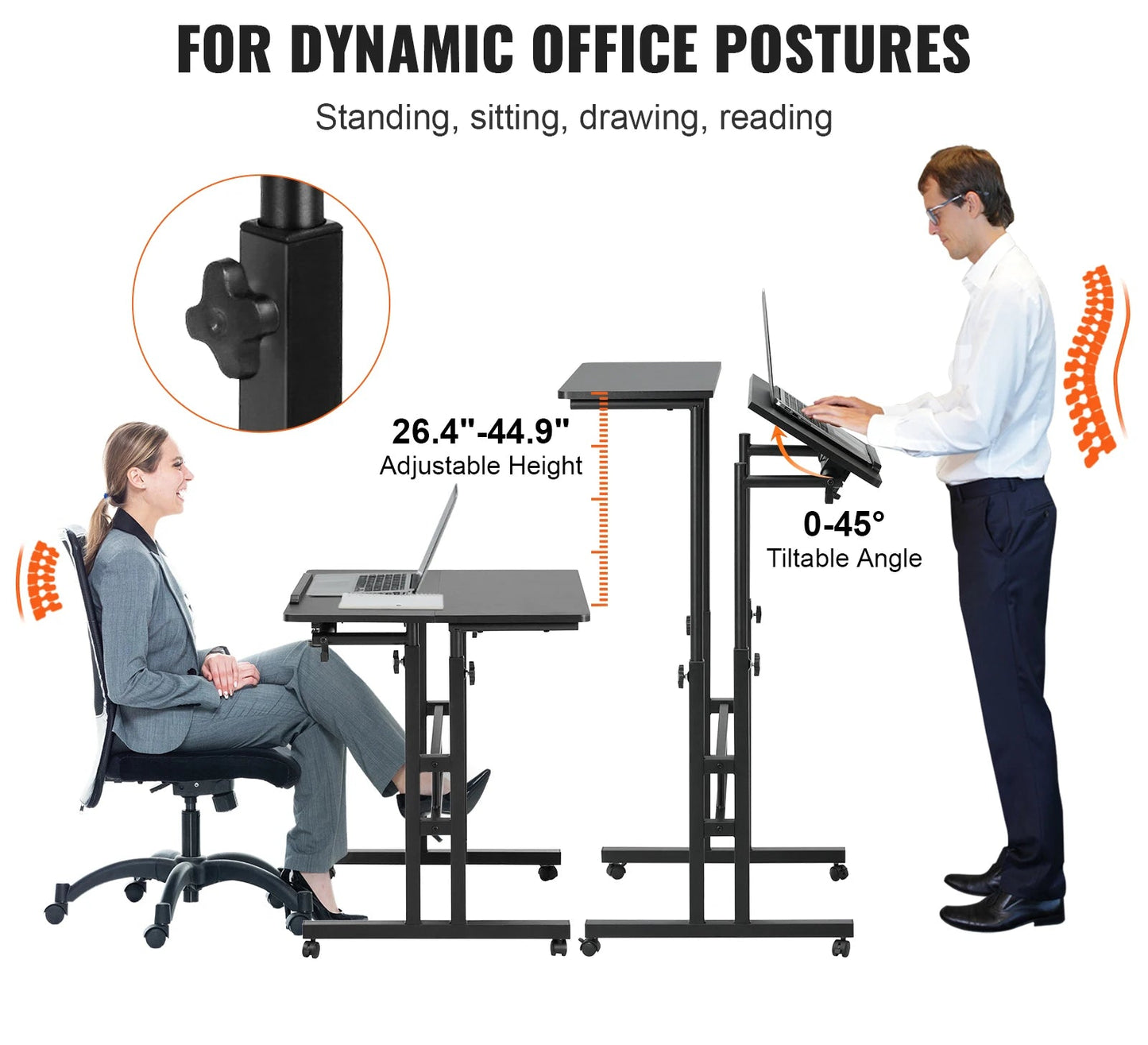 Meuble bureau assis debout réglable en métal noir sur roulettes