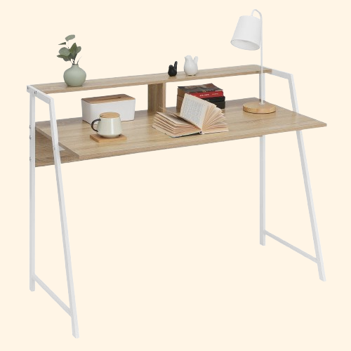 Bureau treteau bois et métal blanc avec étagère sur plateau