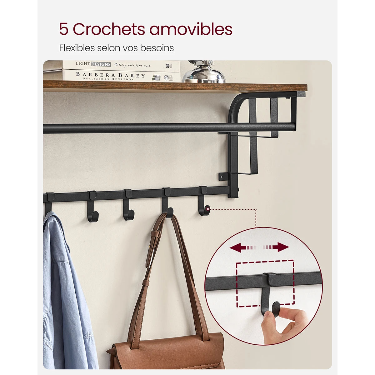 Etagère murale industrielle avec portant intégré et crochets multiples