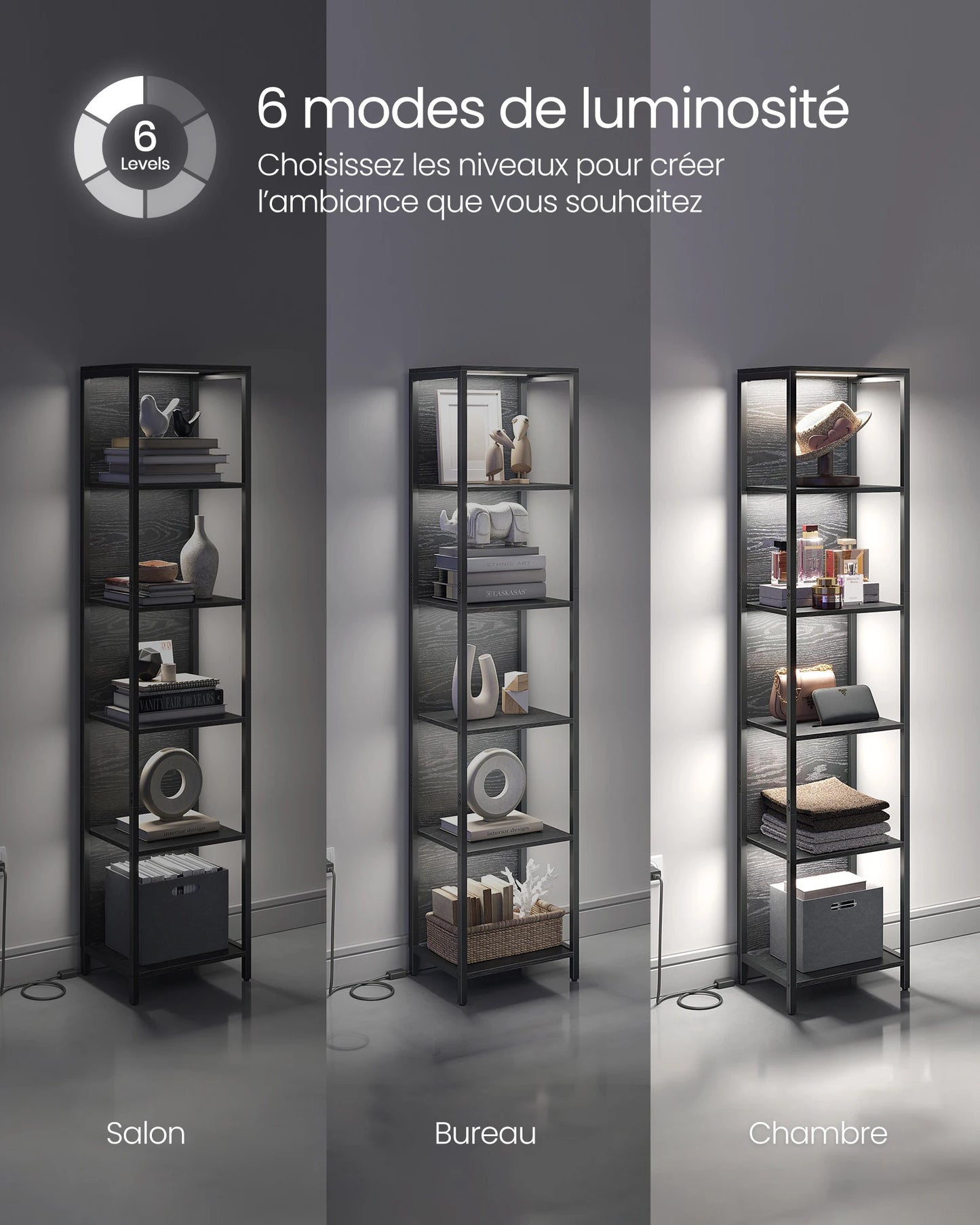 Etagère lumineuse salon en métal 6 niveaux - 30 x 40 x 179 cm