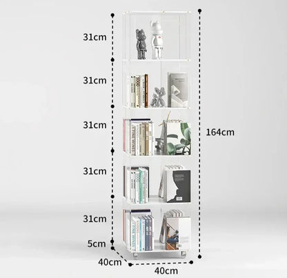 Colonne de rangement pour livres sur pieds blanche et transparente