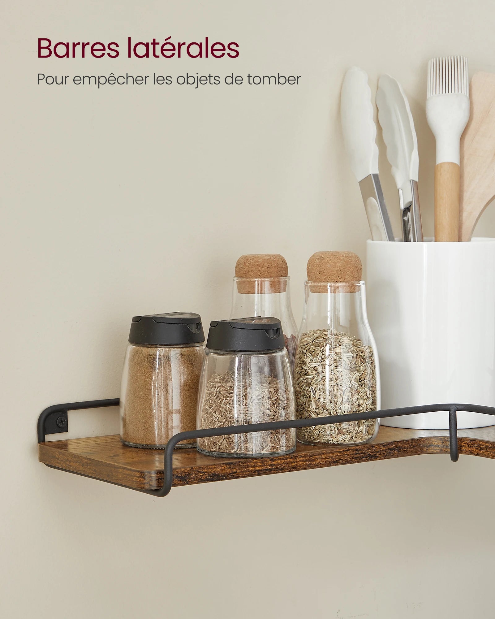 étagère d'angle murale pour cuisine industrielle avec rebord métallique noir avant et arrière - design rustique