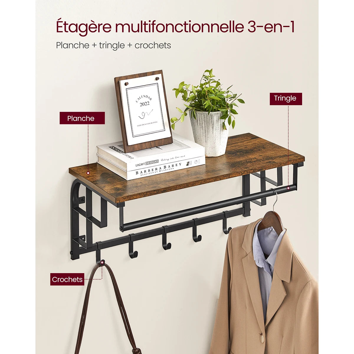 Etagère murale industrielle avec portant intégré et crochets multiples