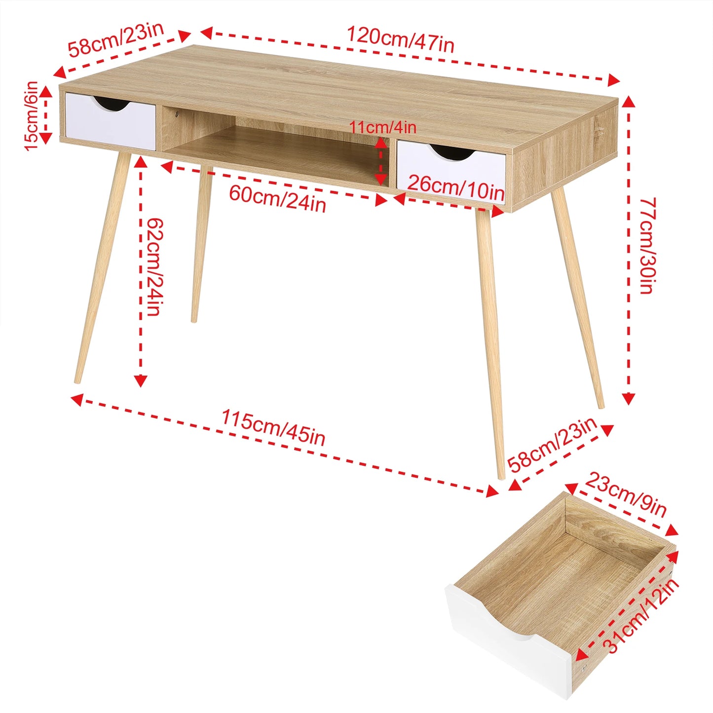 Bureau scandinave bois et blanc 120cm avec 2  tiroirs et une niche centrale