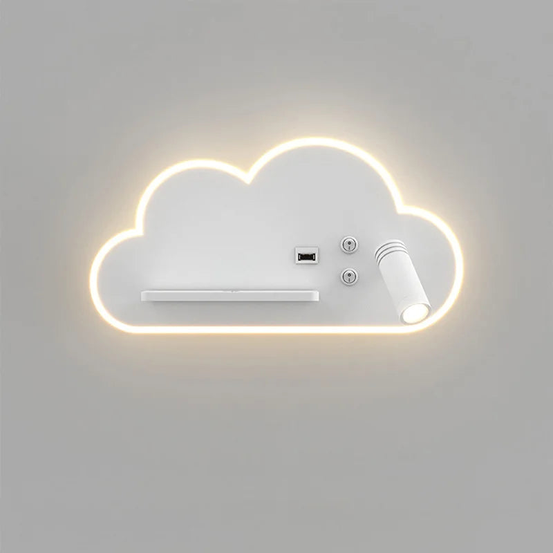 Etagère murale blanche chevet enfant nuage à contour lumineux LED