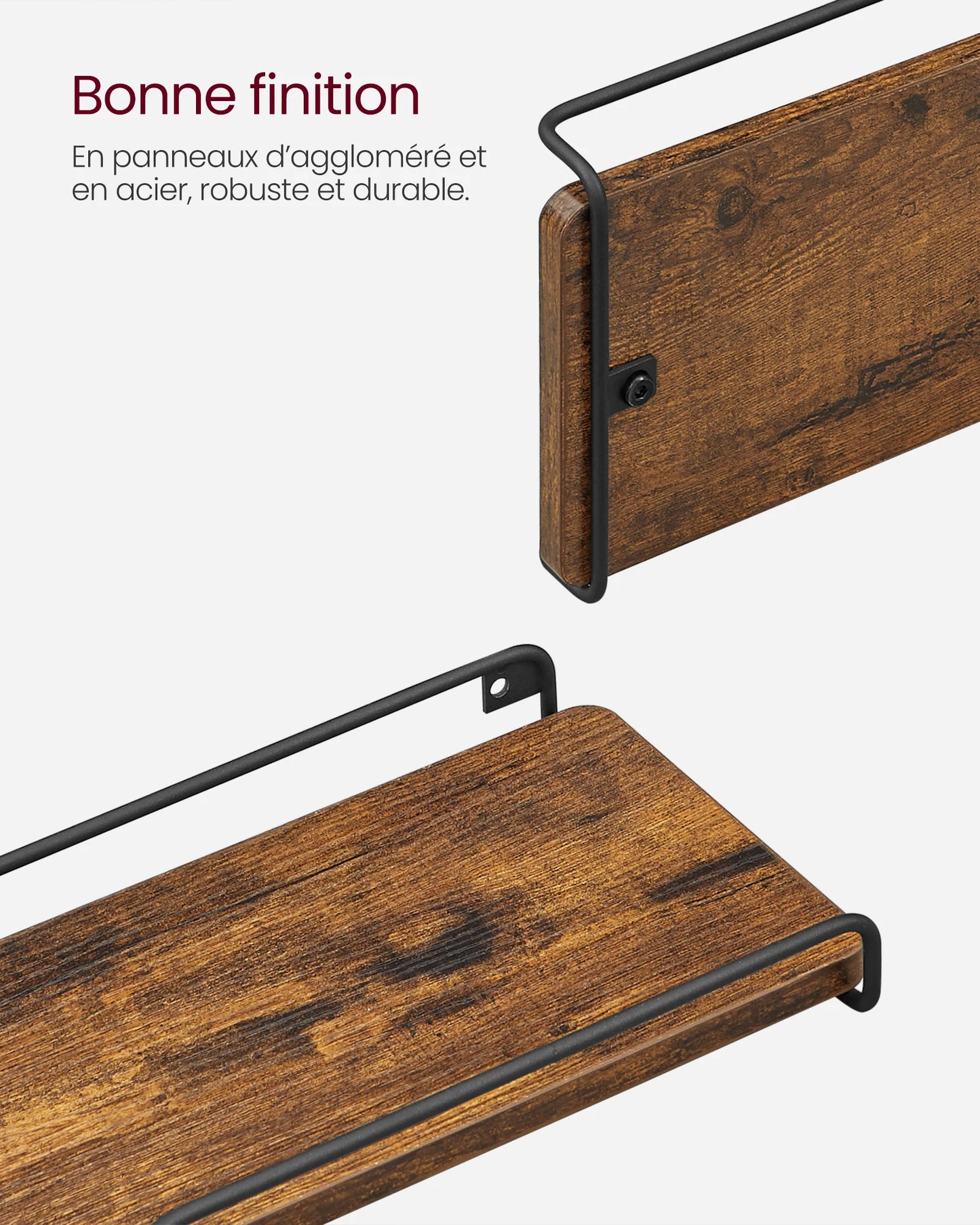 étagère d'angle murale industrielle avec rebord métallique noir avant et arrière - design rustique