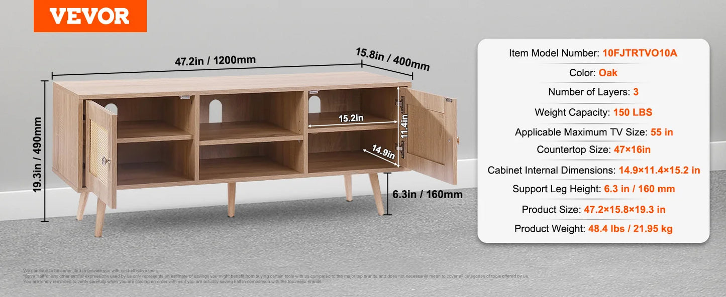 Meuble tv sur pieds bois et rotin 140cm