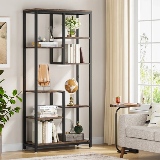 meuble etagere sur pieds réglable structure fer noir avec étagères bois disposés de manière asymétrique