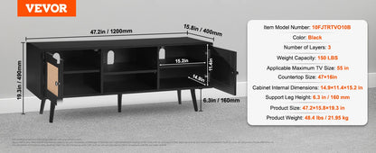 Meuble tv sur pieds bois et rotin 140cm