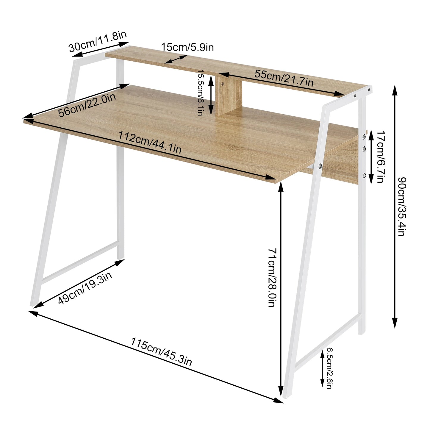 Bureau treteau bois et métal blanc avec étagère sur plateau