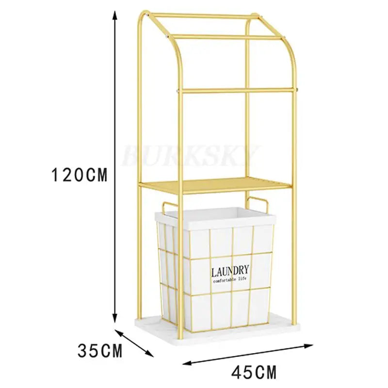 Porte serviette sur pieds en métal doré 120cm de hauteur avec etagere et panier de rangement