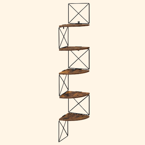 Étagère murale d'angle en bois et métal pour rangement décoratif