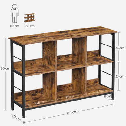 Meuble bas de rangement bois et metal style industriel sur pieds 6 compartiments sur 2 niveaux 120 x 33 x 80 cm
