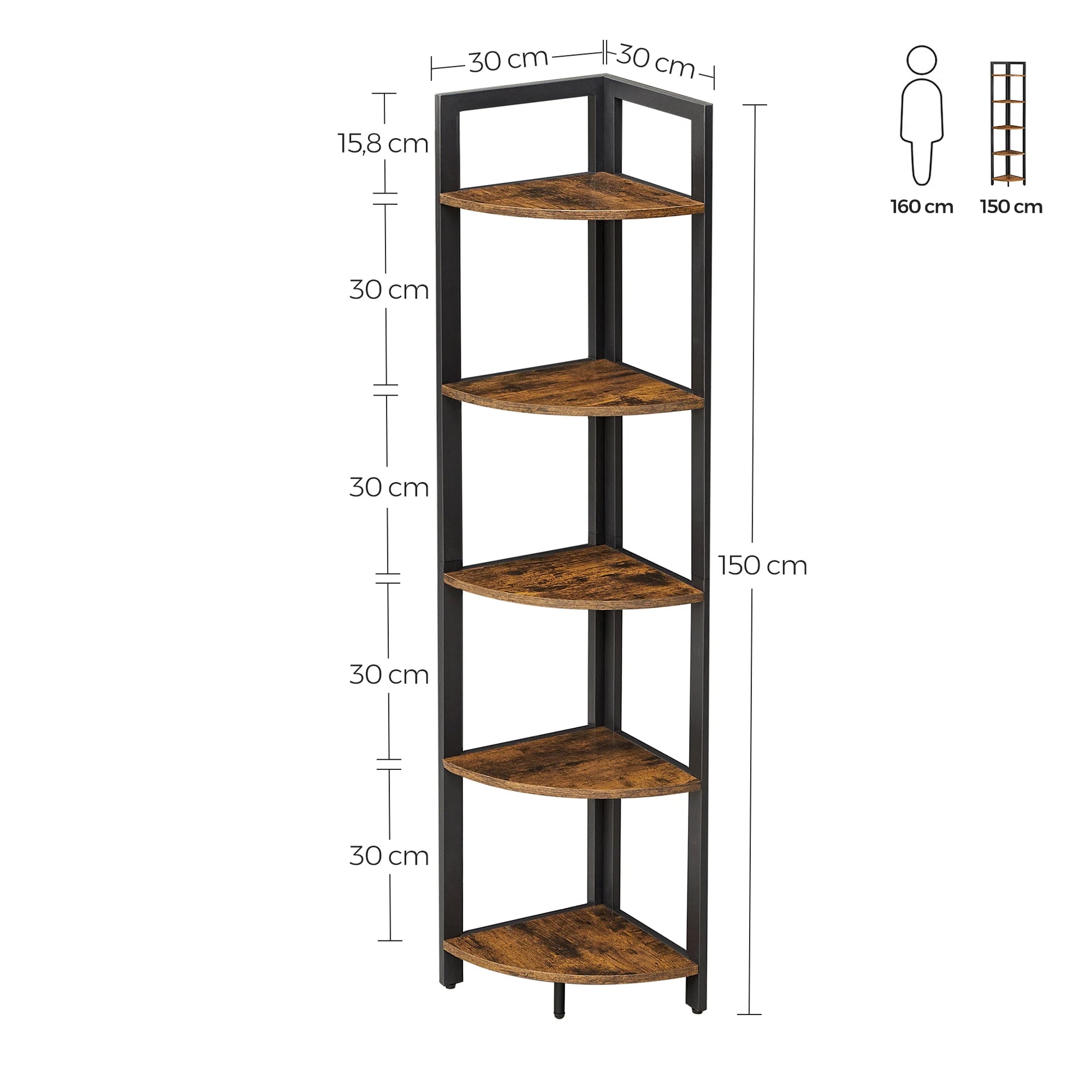 meuble gain de place coin de mur 5 niveaux noir et bois 150x30x30cm
