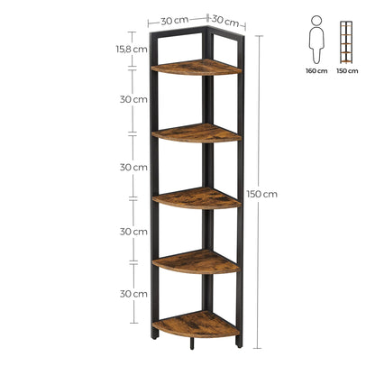 meuble gain de place coin de mur 5 niveaux noir et bois 150x30x30cm