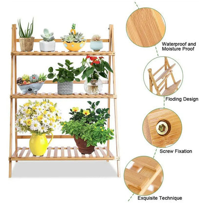 Etagère échelle pour plantes pliable à 3 niveaux en bambou