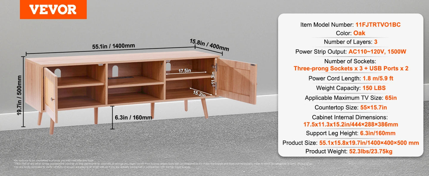 Meuble tv sur pieds bois et rotin 140cm