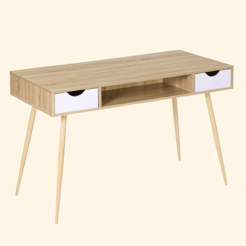 Bureau scandinave bois et blanc 120cm avec 2  tiroirs et une niche centrale