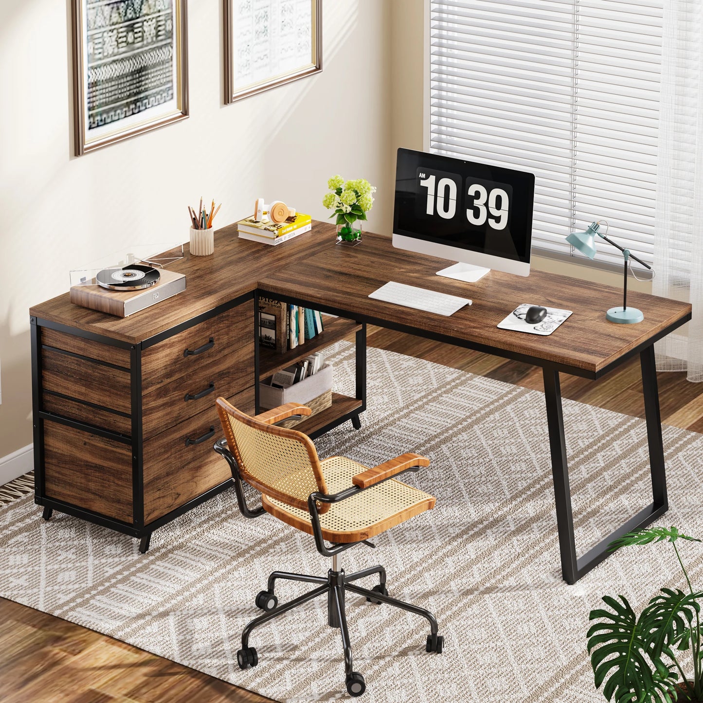 Bureau d'angle industriel métal et bois avec 3 tiroirs intégrés