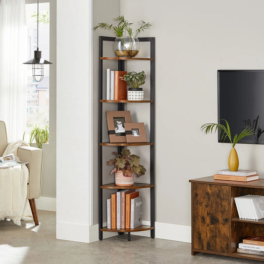 meuble gain de place coin de mur 5 niveaux noir et bois pour salon
