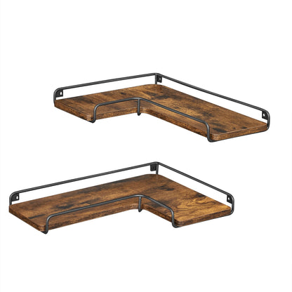 Etagère d'angle murale industrielle en bois avec rebord métallique noir