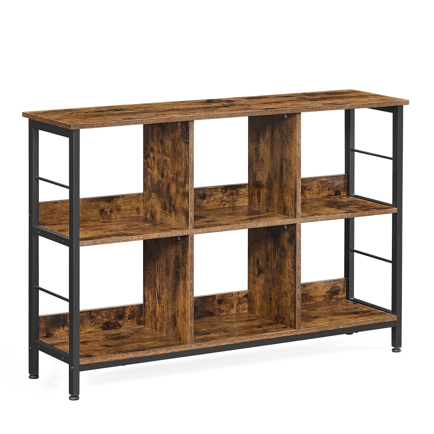 Meuble bas de rangement bois et metal style industriel sur pieds 6 compartiments sur 2 niveaux 120 x 33 x 80 cm