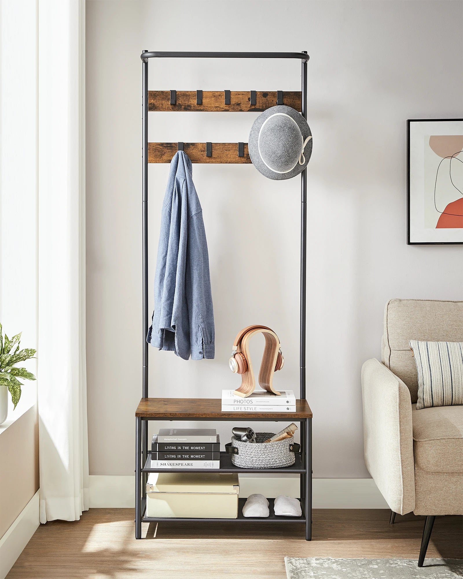 Meuble de rangement avec porte manteau intégré et étagères style industriel