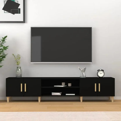 Meuble tv noir et bois 180 cm sur pieds tri compartimenté