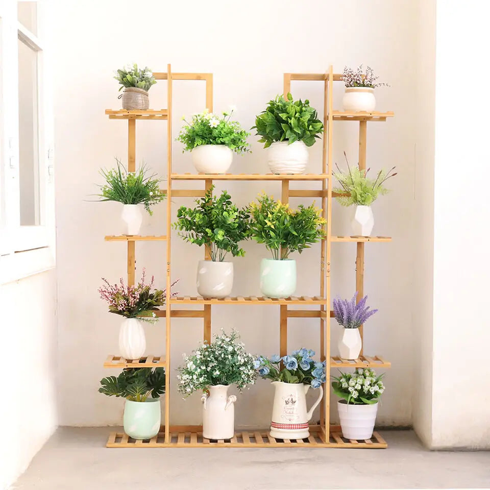 étagère plantes et pot de fleur bambou, support à fleurs 9 niveaux, porte-plantes en bois