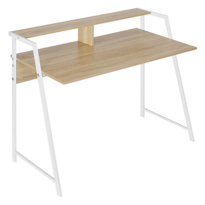 Bureau treteau bois et métal blanc avec étagère sur plateau