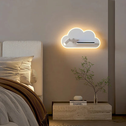 Etagère murale blanche chevet enfant nuage à contour lumineux LED