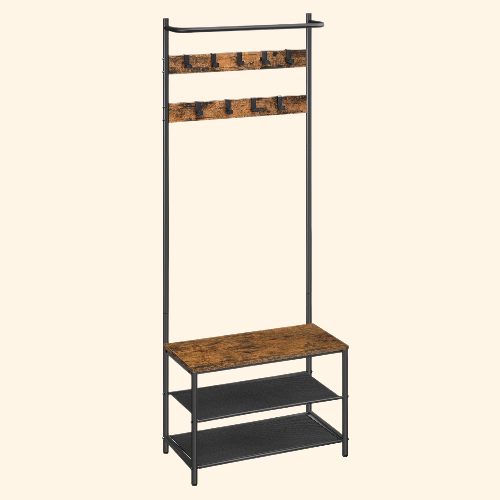Meuble d'entrée avec porte manteau intégré et étagères style industriel