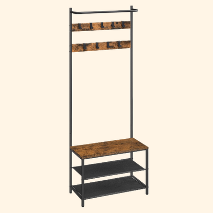 Meuble d'entrée avec porte manteau intégré et étagères style industriel