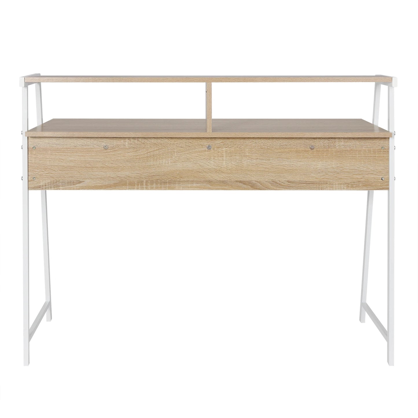 Bureau treteau bois et métal blanc avec étagère sur plateau