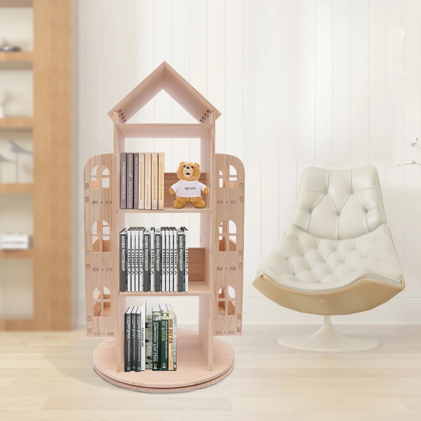 Bibliothèque rotative en bois pour enfant en forme de maison