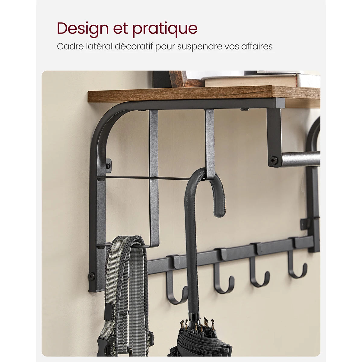 Etagère murale industrielle avec portant intégré et crochets multiples