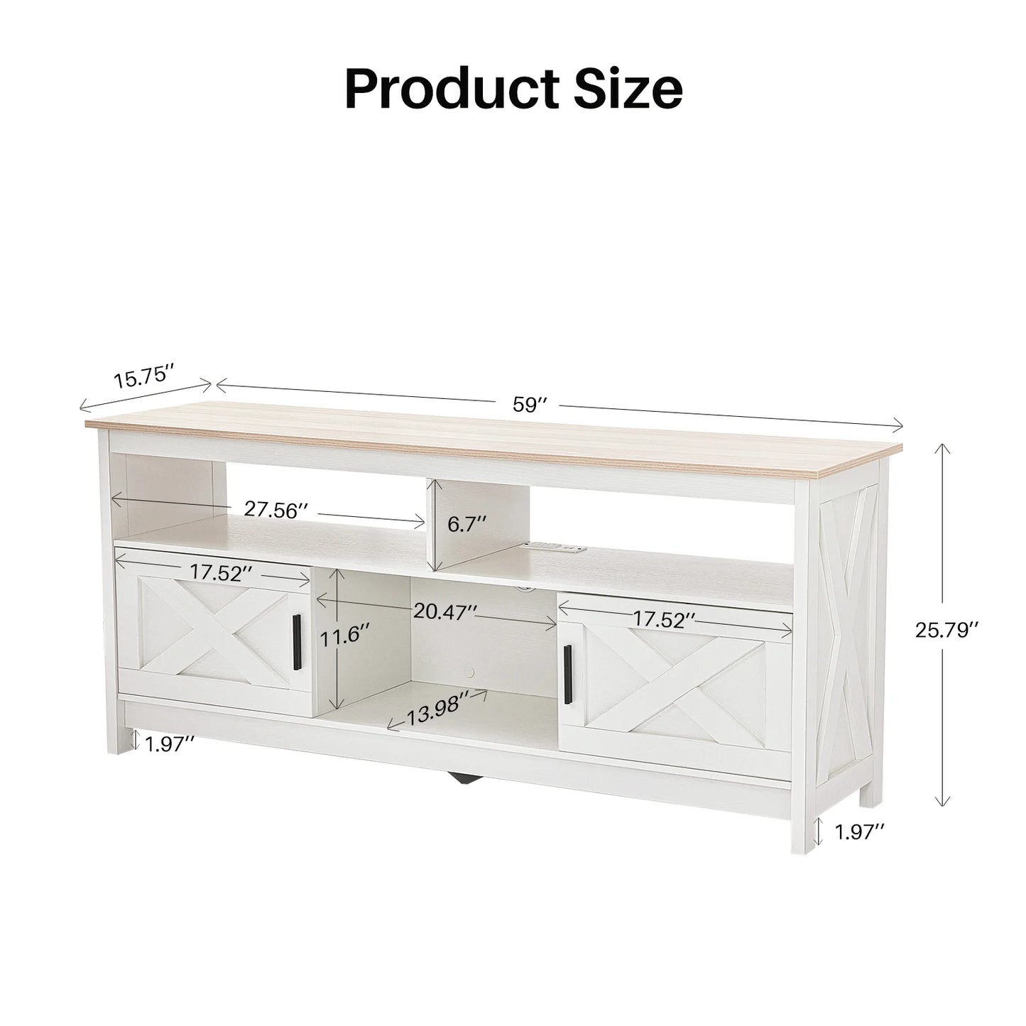 Meuble tv bois blanc rustique sur pieds 5 compartiments 2 avec portes