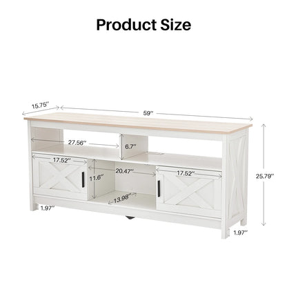 Meuble tv bois blanc rustique sur pieds 5 compartiments 2 avec portes