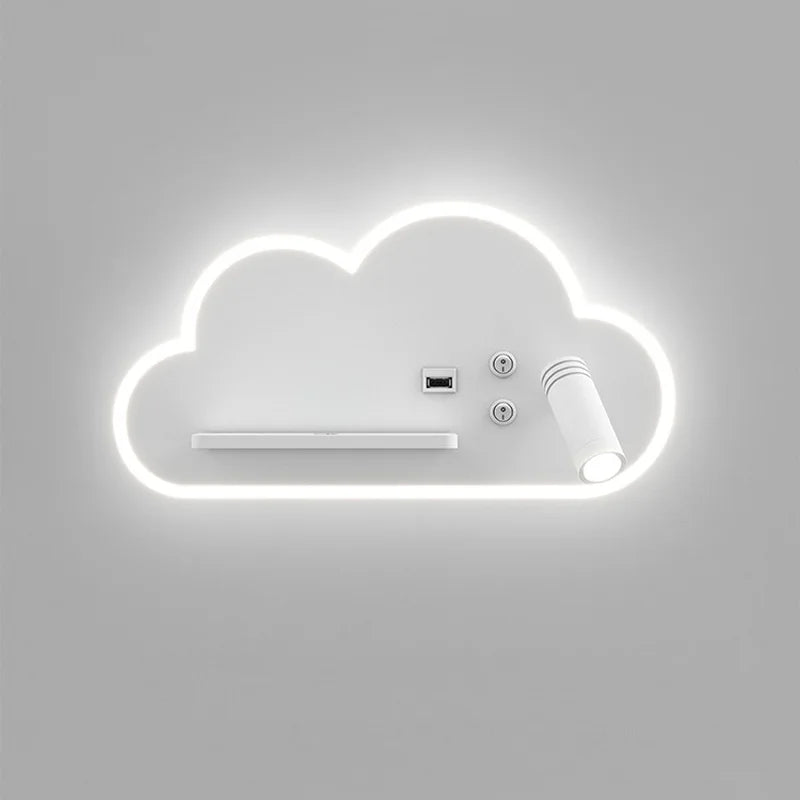 Etagère murale blanche chevet enfant nuage à contour lumineux LED