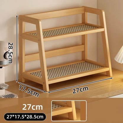 Etagère à poser en rotin et chêne double niveau 27x17x28cm