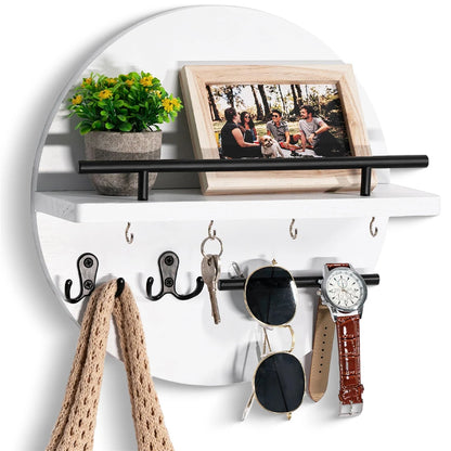 étagère murale ronde blanche en bois avec crochets suspendus