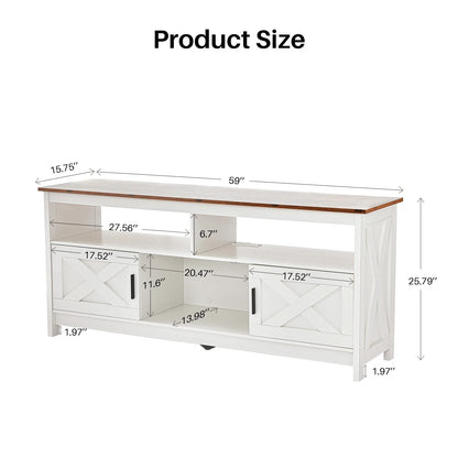 Meuble tv bois blanc rustique sur pieds 5 compartiments 2 avec portes