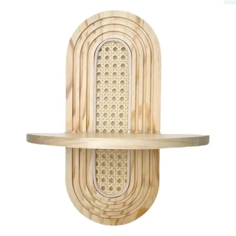 Etagère murale bohème bois clair et rotin avec tablette de support semi circulaire