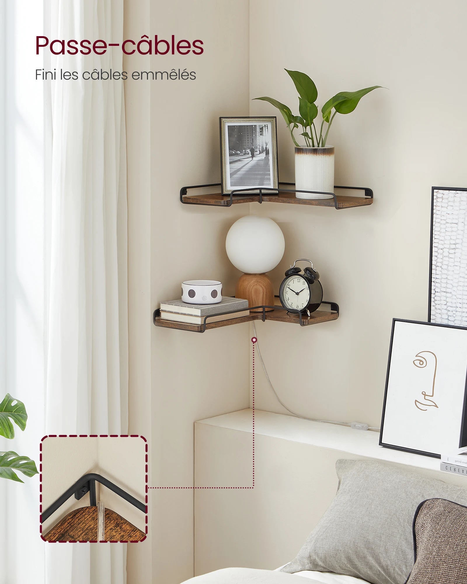 étagère d'angle murale industrielle avec rebord métallique noir avant et arrière - design rustique