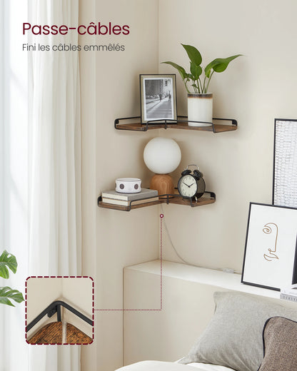 étagère d'angle murale industrielle avec rebord métallique noir avant et arrière - design rustique