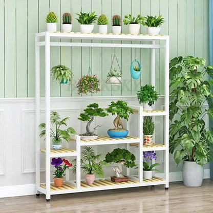 Meuble étagère métallique haut pour plantes blanc et bois sur pieds