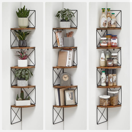Étagère murale d'angle en bois et métal pour rangement décoratif idéal pour chambre, cuisine ou salon