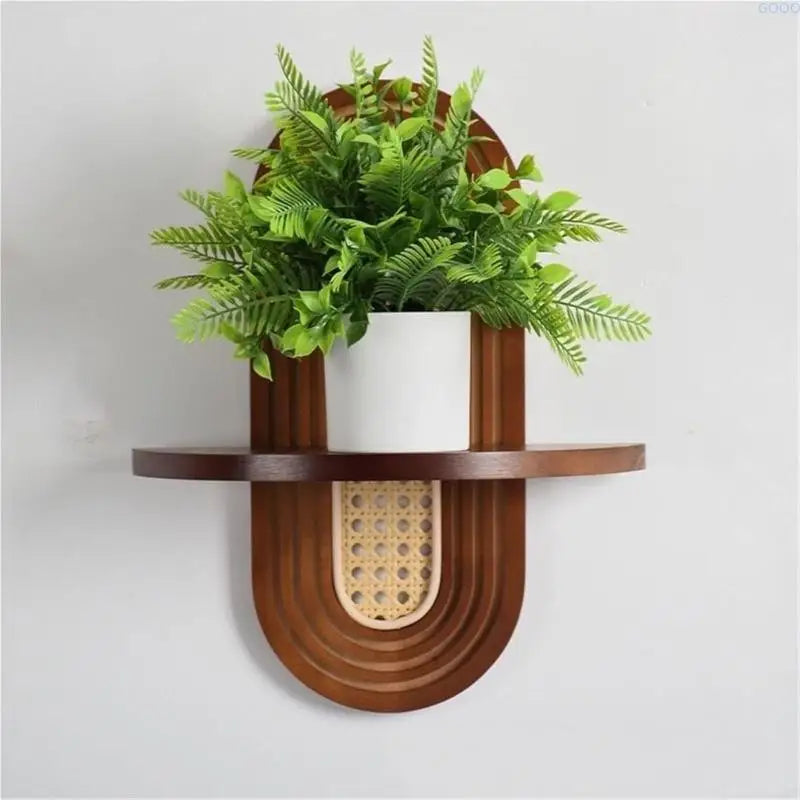 Etagère murale bohème bois fonçé et rotin avec tablette de support semi circulaire