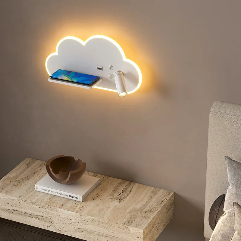 Etagère murale blanche chevet enfant nuage à contour lumineux LED